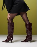 Crimson pull-on kitten heeled knee boots in burgundy