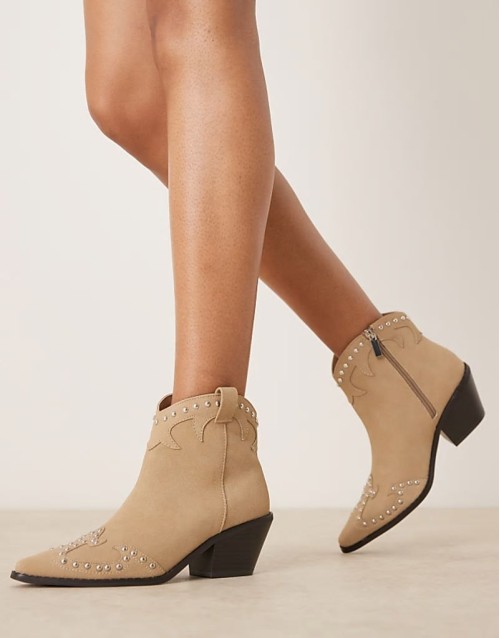 suedette buckle western boot in tan