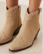 suedette buckle western boot in tan