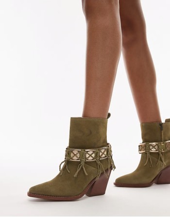 New-kole fringe western ankle boots in khaki suede
