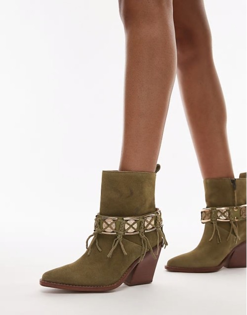 New-kole fringe western ankle boots in khaki suede