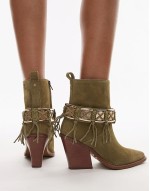 New-kole fringe western ankle boots in khaki suede