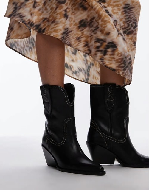 contrast stitch leather western boots in black