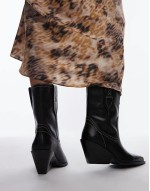 contrast stitch leather western boots in black