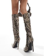 Simmi London Gabby pointed platform knee boots in gold snake