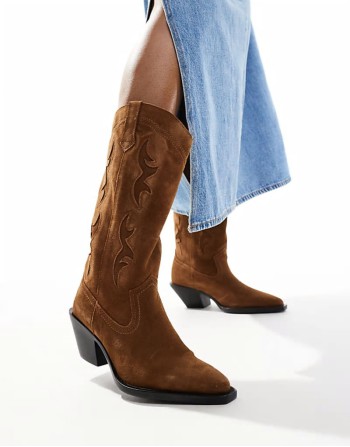 real suede heeled cowboy boot in beige