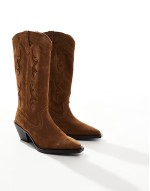real suede heeled cowboy boot in beige
