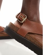 leather cross strap sandals in brown