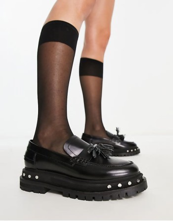 teagan tassel detail studded chunky loafer in black