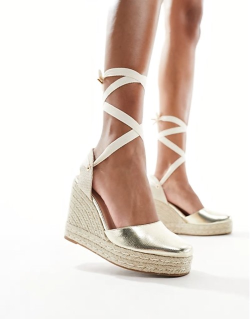 closed toe wedge espadrilles in gold
