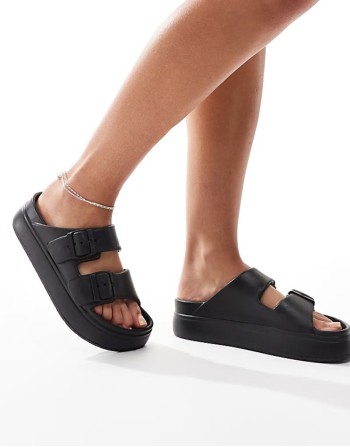 Freestyle flatform double buckle footbed sliders in black