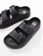 Freestyle flatform double buckle footbed sliders in black