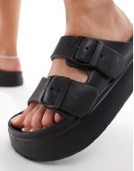 Freestyle flatform double buckle footbed sliders in black