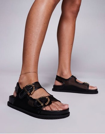 Fuda embellished buckle flat sandals in black mesh
