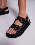Fuda embellished buckle flat sandals in black mesh