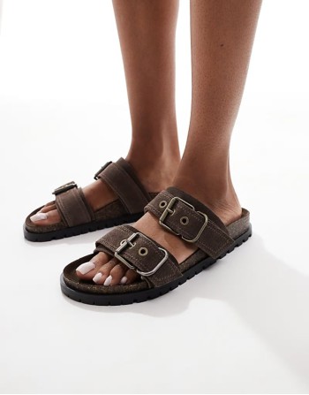 double strap flat leather sandal in dark brown