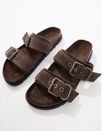 double strap flat leather sandal in dark brown