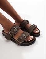 double strap flat leather sandal in dark brown